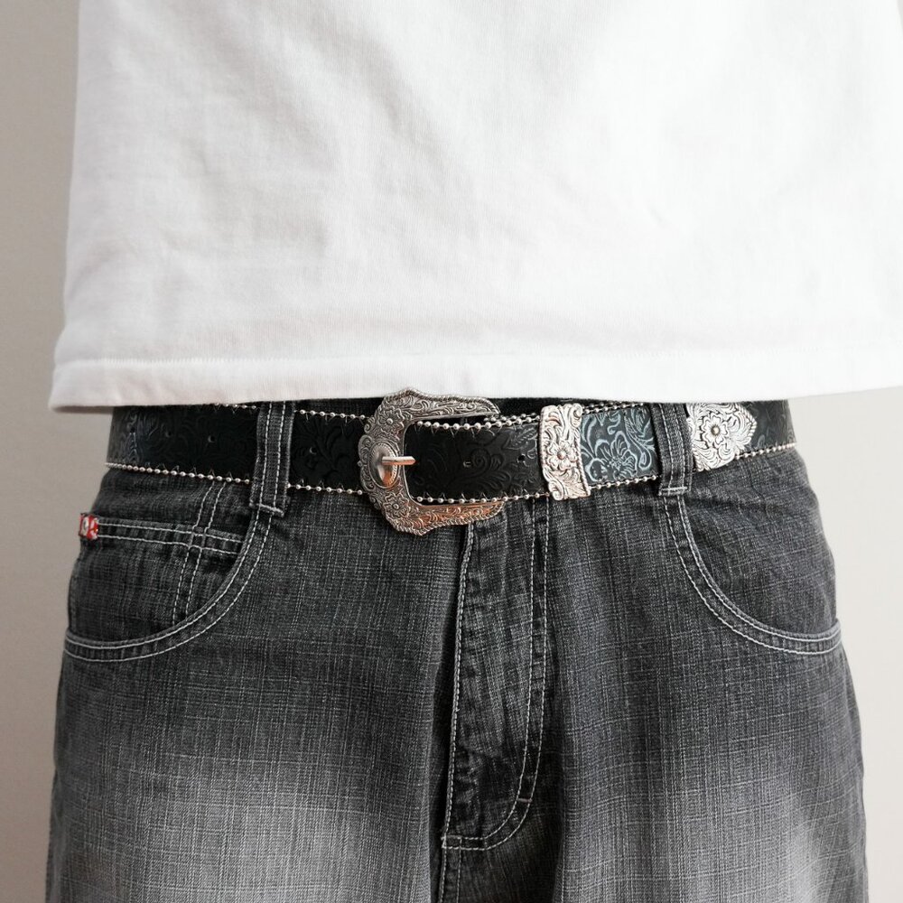 y2k floral embossed western black belt — boho gothic style